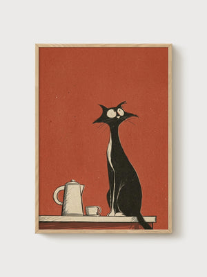 Black Cat Art poster in oak frame