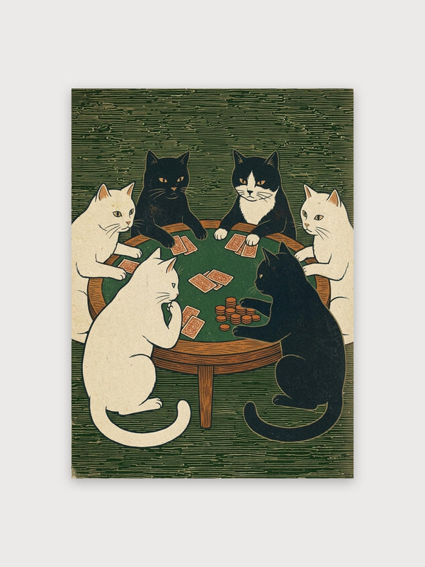 Cats Playing Cards Woodblock Style - Digital Download