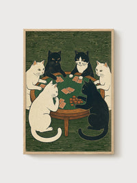 Cats Playing Cards Woodblock Style