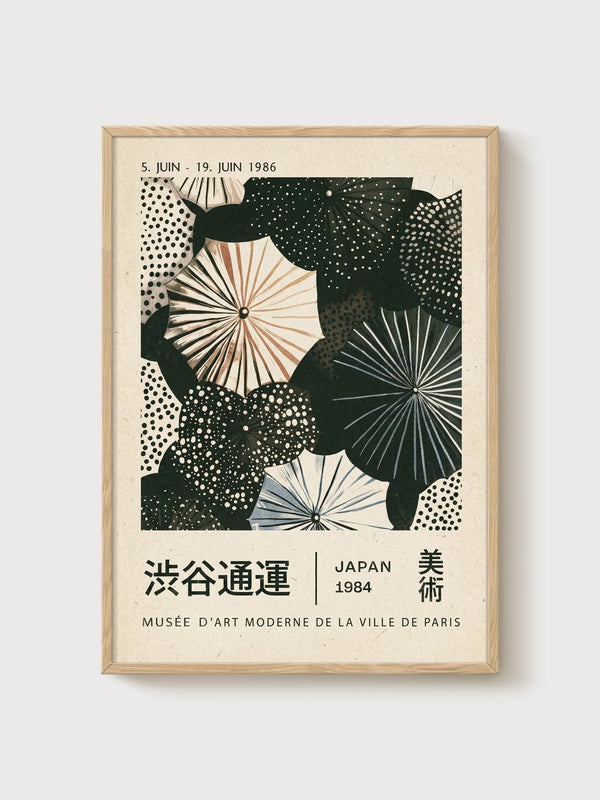 Japanese Umbrella Print poster in oak frame
