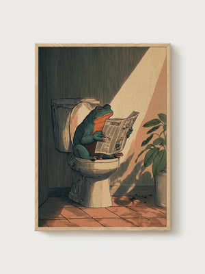 Frog Reading Newspaper Print poster in oak frame