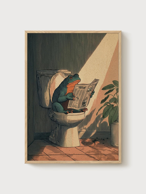 Frog Reading Newspaper Print poster in oak frame