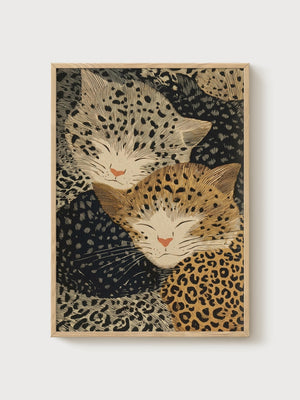 Hokusai Leopard Cat Woodblock Print poster in oak frame