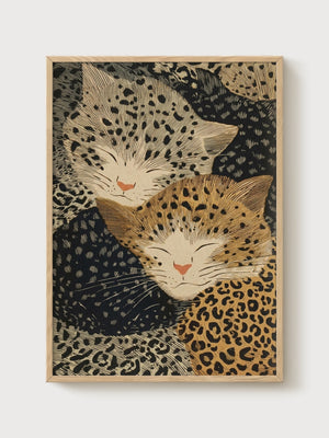Hokusai Leopard Cat Woodblock Print poster in oak frame