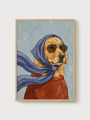 Golden Retriever Art Print poster in oak frame