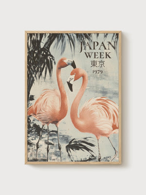 Japan Week Tokyo 1979 Flamingo Print poster in oak frame