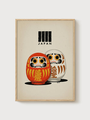 Japanese Daruma Doll Print poster in oak frame