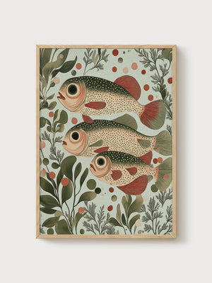 Folk Art Fish Print poster in oak frame