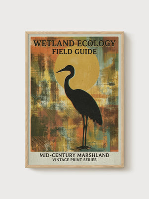 Mid Century Modern Heron Print poster in oak frame