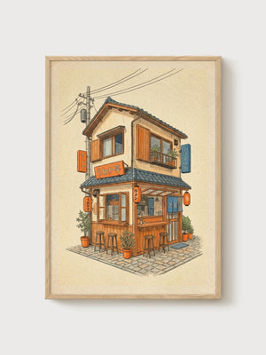 Japanese Ramen Shop Print poster in oak frame