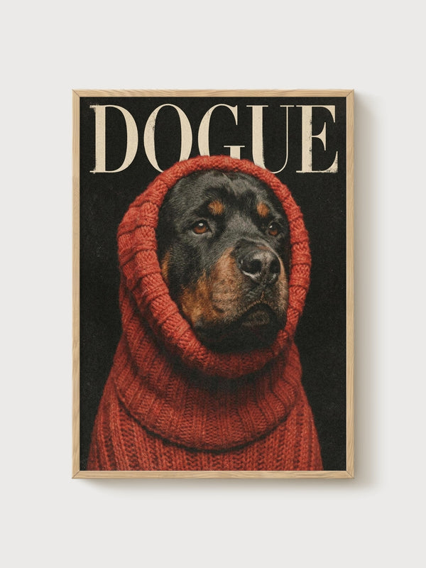 Quirky Rottweiler Print poster in oak frame