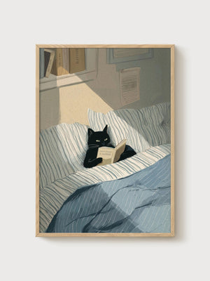 Black Cat Reading Print poster in oak frame