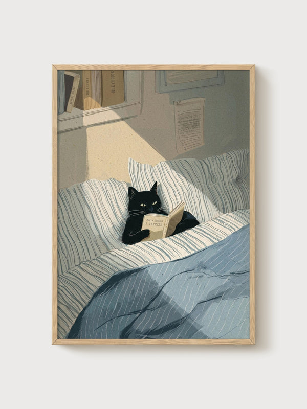 Black Cat Reading Print poster in oak frame