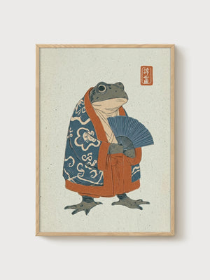 Japanese Frog Art Print poster in oak frame