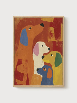 Mid Century Modern Dog Print poster in oak frame