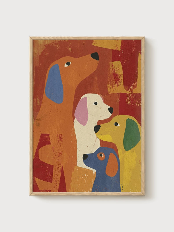 Mid Century Modern Dog Print poster in oak frame