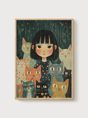 Anime Girl with Cats Poster poster in oak frame