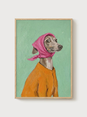 Greyhound Dog Portrait Print poster in oak frame