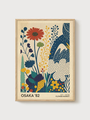 Osaka Flower Market Print poster in oak frame