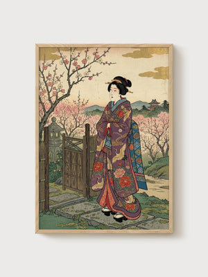 Japanese Woodblock Print poster in oak frame