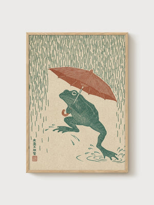 Japanese Frog Print poster in oak frame