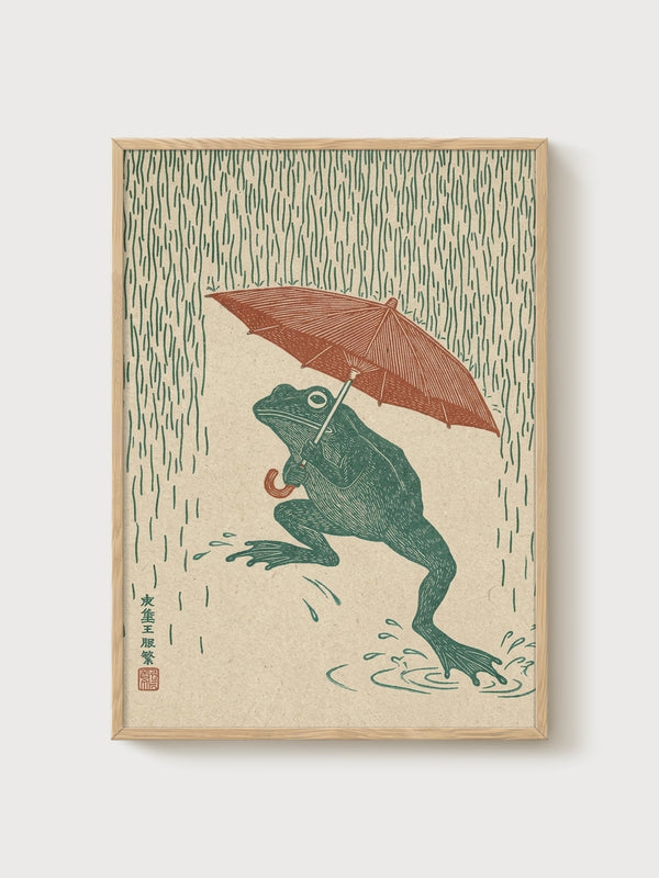 Japanese Frog Print poster in oak frame