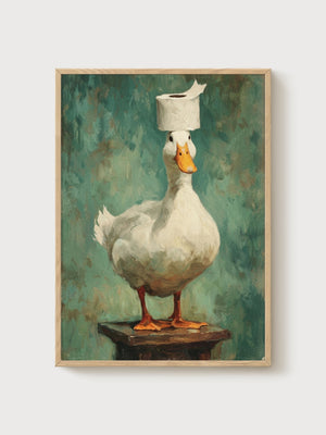 Duck Toilet Paper Print poster in oak frame