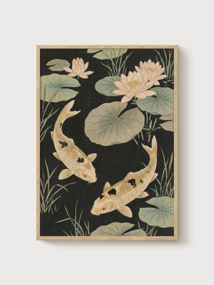 Japanese Koi Fish Print poster in oak frame
