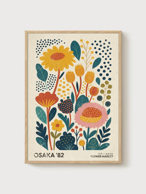 Osaka Flower Market Print poster in oak frame