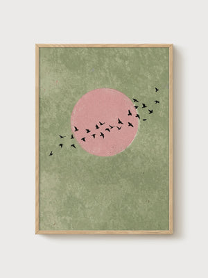 Minimalist Bird Print poster in oak frame
