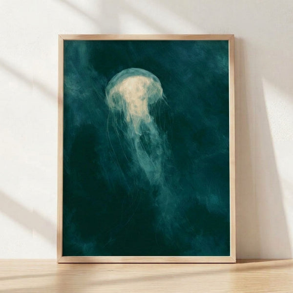 Watercolor jellyfish with flowing tentacles floating in deep teal and ocean blue, creating a meditative and ethereal underwater scene on a framed poster.