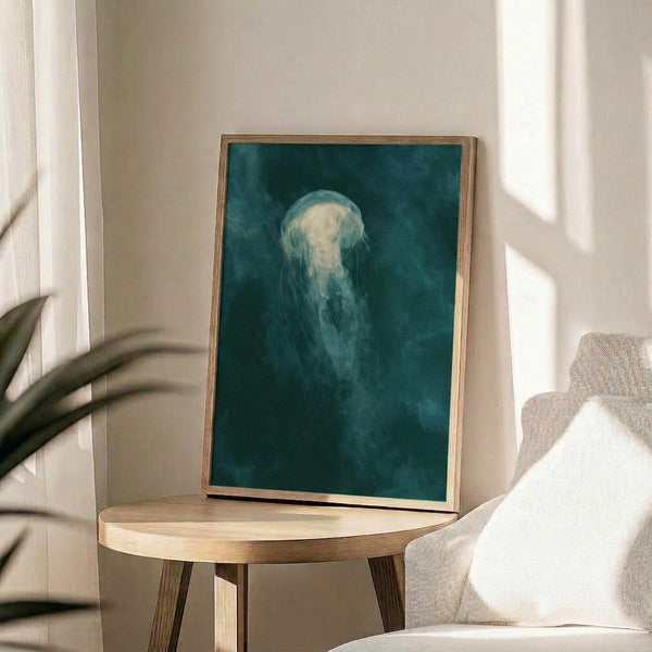 Minimalist watercolor art of a glowing jellyfish rendered in dark teal, blue, and pale green tones with a mysterious, serene atmosphere.
