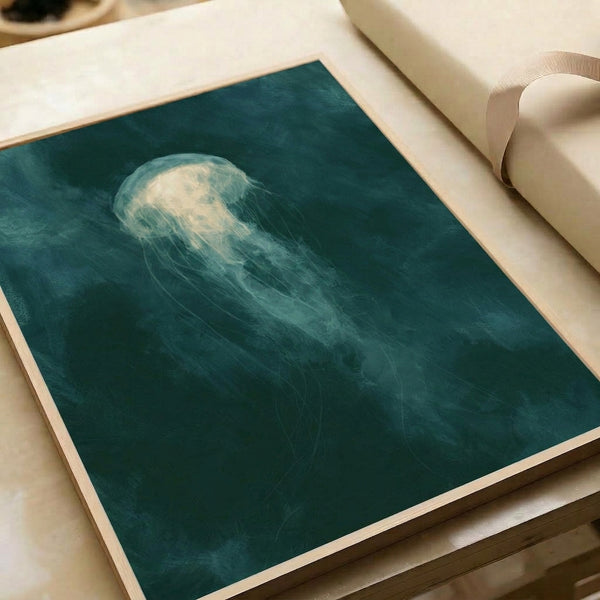 Ethereal jellyfish illustration in soft watercolor style featuring deep ocean blues and cream accents, evoking a tranquil, surreal marine mood.