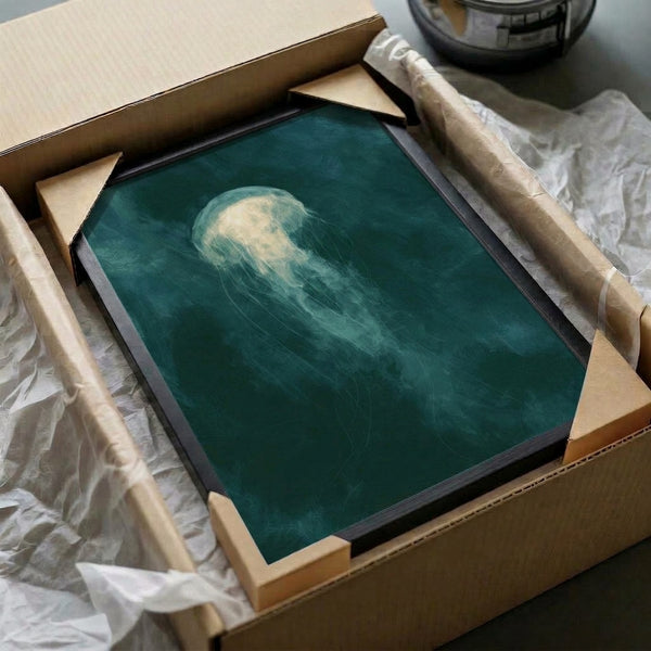 Surreal watercolor jellyfish drifting through mysterious teal and dark blue waters, a meditative ocean-inspired art print with minimalist composition.