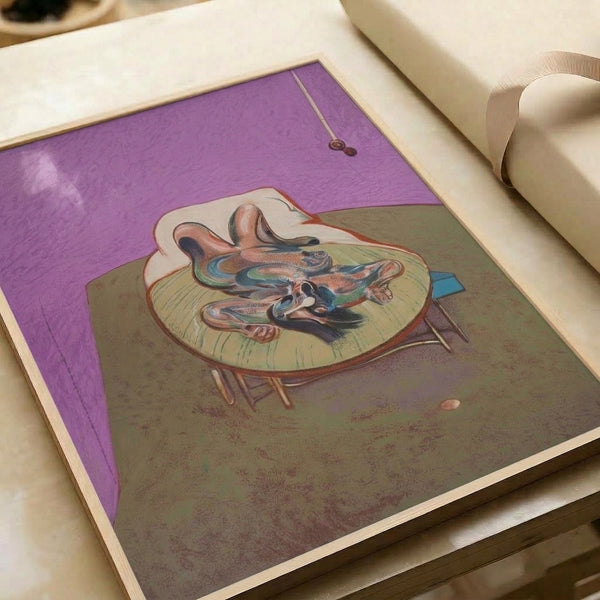 Expressionist wall art print depicting an isolated reclining figure in warm browns and cool grays, conveying vulnerability and emotional intensity.