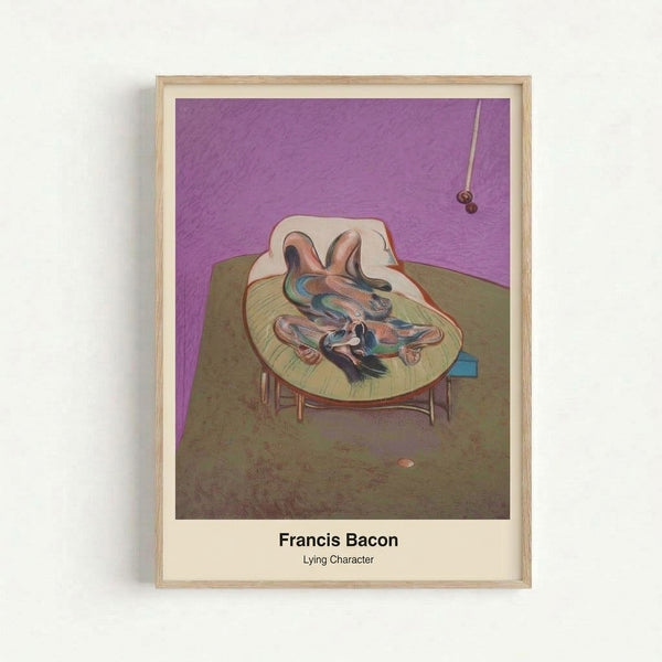 Visceral abstract painting depicting an anguished reclining figure rendered in ochre, grey, and black against a stark background, framed as wall art.