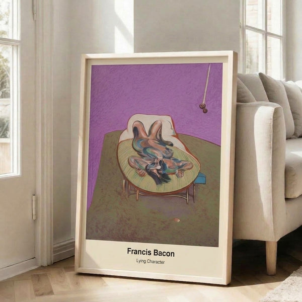 Framed abstract artwork depicting a contorted reclining figure in grey and ochre pigments, expressing anguish through bold expressive brushwork.