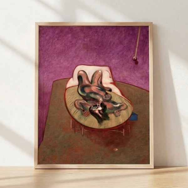 Abstract framed poster of a distorted reclining figure in muted earth tones and grays, evoking a contemplative and unsettling mood characteristic of modern expressionist art.