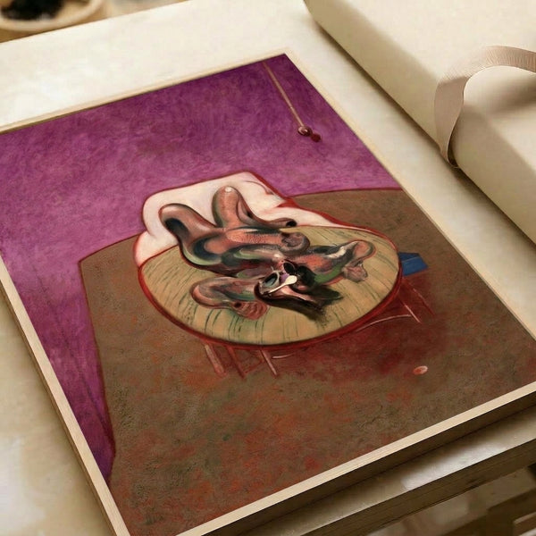 Modern art print in muted earth tones depicting an isolated prone figure with distorted anatomy, presented as a framed wall artwork with existential tension and raw expressive power.