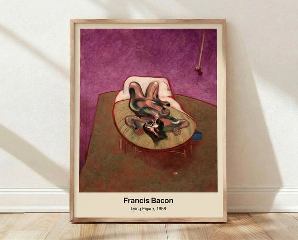 Abstract framed poster of a distorted reclining figure in ochre and grey tones, set against a sparse interior with vertical blinds, conveying an unsettling and visceral mood.
