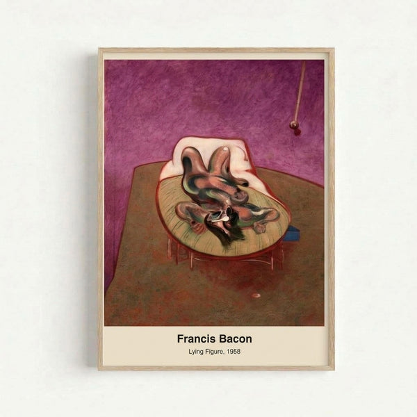 Modern art print featuring an abstracted prone human form in burgundy and cream hues, isolated on a minimalist floor plane with contemplative introspective atmosphere.