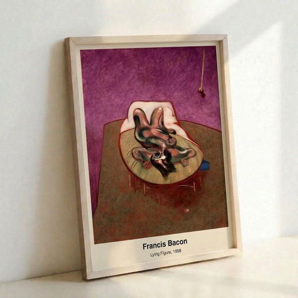 Framed contemporary poster depicting a fragmented lying figure rendered in muted ochres and greys, evoking psychological tension and raw emotional intensity.