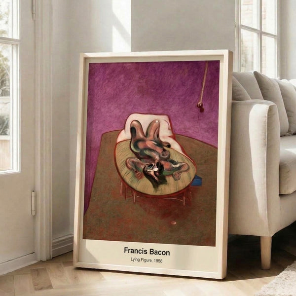 Abstract wall art showing a distorted supine body suspended in negative space, palette of burgundy, cream, and grey creating an unsettling meditative composition.