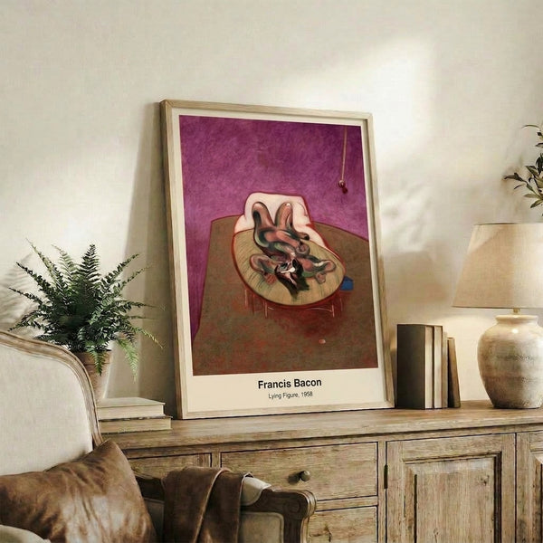 Modern poster print of a deconstructed reclining form against sparse architectural elements, rendered in visceral ochre and grey tones with introspective haunting quality.