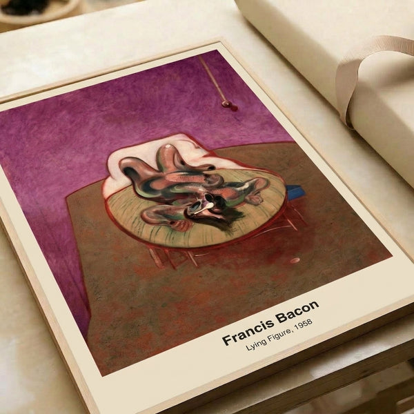 Contemporary art print of an abstracted recumbent human figure set within a restrained interior, executed in muted earthy tones with deeply unsettling existential character.