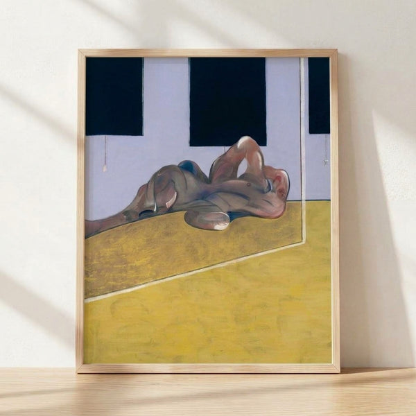 Abstract expressionist framed poster depicting a distorted reclining figure reflected in a mirror, rendered in muted earth tones and dark shadows on a gallery wall.