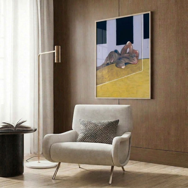 Framed dark modern art poster featuring a fragmented reclining form and its warped mirror image, composed in a palette of ochre, charcoal, and deep tones.