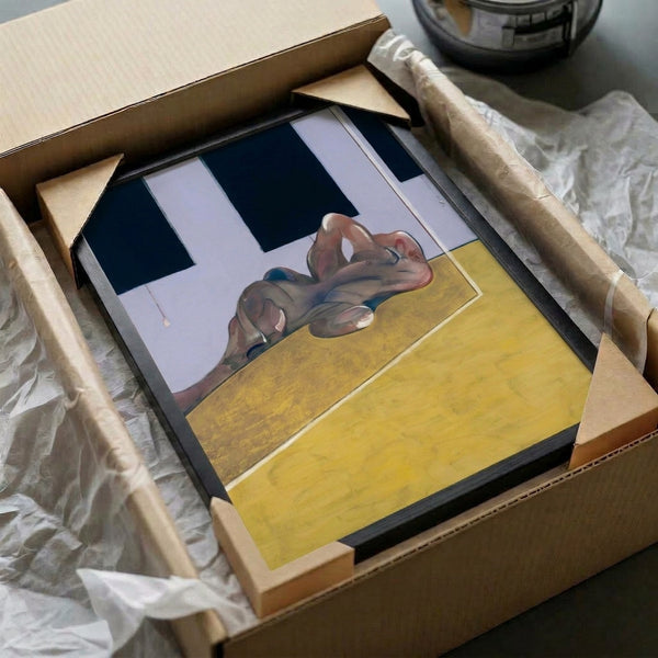 Contemporary abstract print of a distorted supine figure alongside its mirrored counterpart, executed in muted earthen hues with expressionistic energy, displayed as wall art.