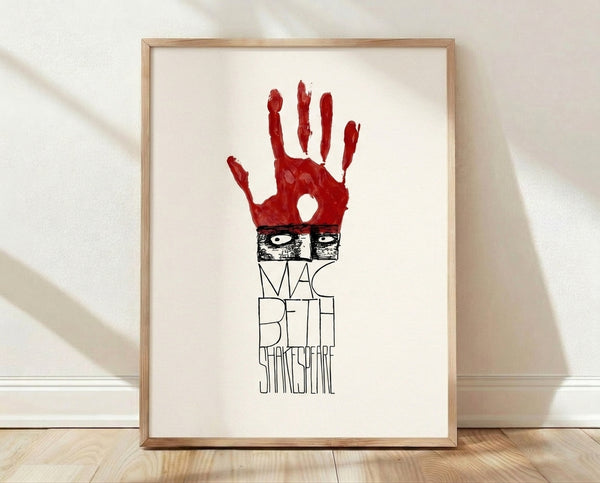 Dark pop art line drawing of a face with a prominent bloody handprint, rendered in bold red, black, and white strokes on cream background, framed on wall.
