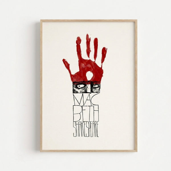 Surreal theatrical line art print featuring an eye and hand motif in red and black, inspired by Shakespearean drama, displayed as framed wall art.